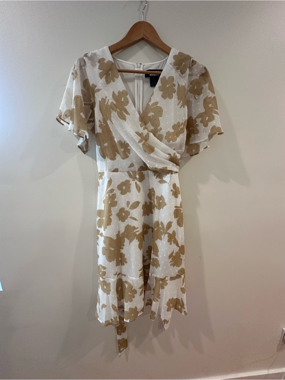 DKNY Cream Floral Wrap Dress with Tan Print